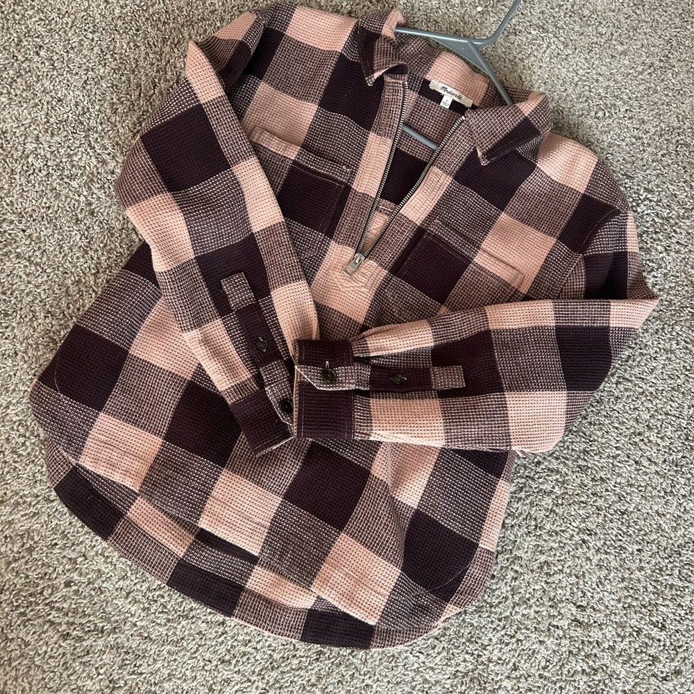Madewell Waffle-Knit Zip Plaid Pullover - Pink & Dark Burgundy